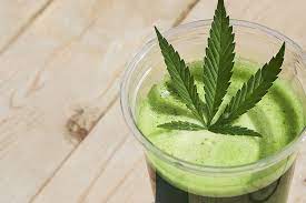 marijuana leaf in a cup filled with a green frothy liquid | The Heirloom Collective